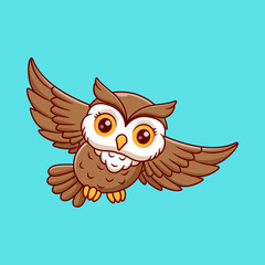 Obraz premium Cute Cartoon Owl Flying Illustration - Vector Character Mascot on Blue Background