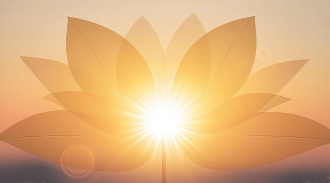 Golden light illuminates a stylized lotus blossom at dawn, representing purity and enlightenment