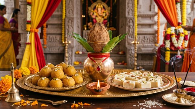 Hindu Puja Kalash with Coconut and Mango Leaves, Traditional Sweets Laddu and Barfi, Diya Oil Lamp Offering for Ganesh Chaturthi, Diwali, and Wedding Rituals Vector Illustration