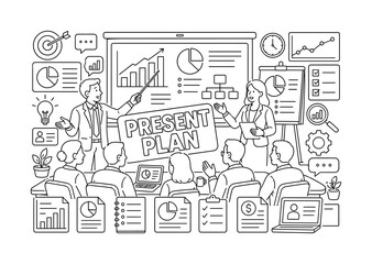 Fototapeta premium Business Presentation Briefing. Clean outline line art banner of business presentation briefing: two presenters beside an oversized conference screen and a giant audience briefing board spread across