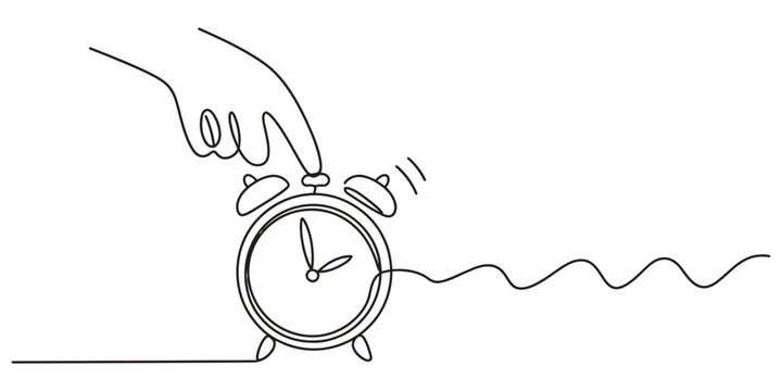 Continuous line drawing of a person pressing a ringing alarm clock button