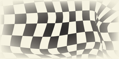 Obraz premium Trippy abstract wavy checkerboard black and white pattern. Optical illusion retro background, vector illustration eps 10