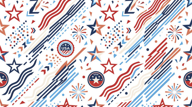 A vibrant seamless pattern featuring stylized birds and celestial elements like stars and suns created in a whimsical hand drawn artistic style on white