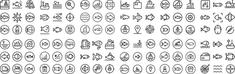 Fototapeta premium A collection of minimalist line icons depicts various aspects of fishing and aquatic life, arranged in a grid formation on a white background.