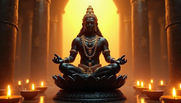 Idol of Hindu deity Lord Ayyappa meditates in lotus pose. Surrounded by lit oil lamps diyas and ancient stone pillars. Warm golden light creates spiritual sacred atmosphere.