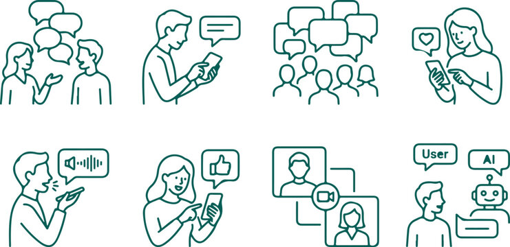 Communication and technology vector icons set people using phones social media chat.