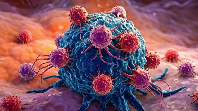 3D medical illustration of cancer cells and virus pathogens attacking a host cell. Suitable for education, science, research, healthcare.