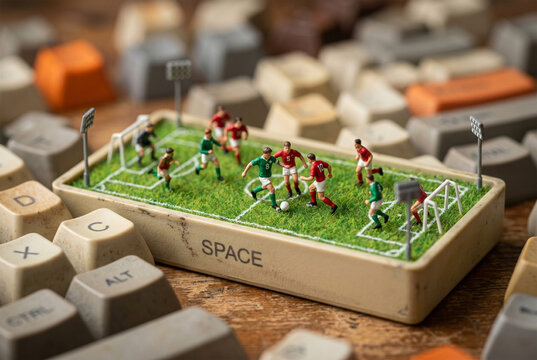 Miniature soccer match played on a computer spacebar keycap