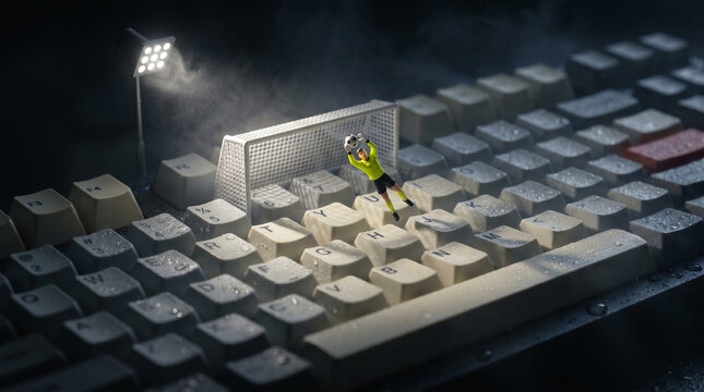 Miniature soccer goalkeeper on a wet computer keyboard