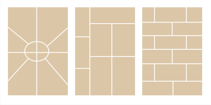 Image collage layout template. Beige mosaic mood board grid collection. Picture frame set. Photo album idea for banner, poster, comic page, flyer, brochure, booklet, memory wall design. Vector pack
