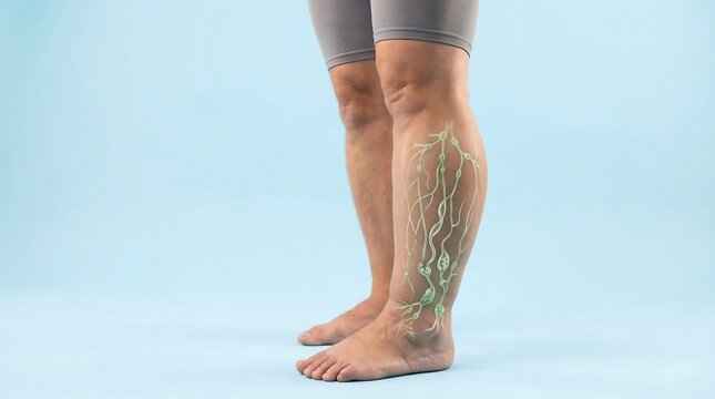 Medical illustration of the human lymphatic system in the lower limb showing lymph nodes and vessels on a person's leg