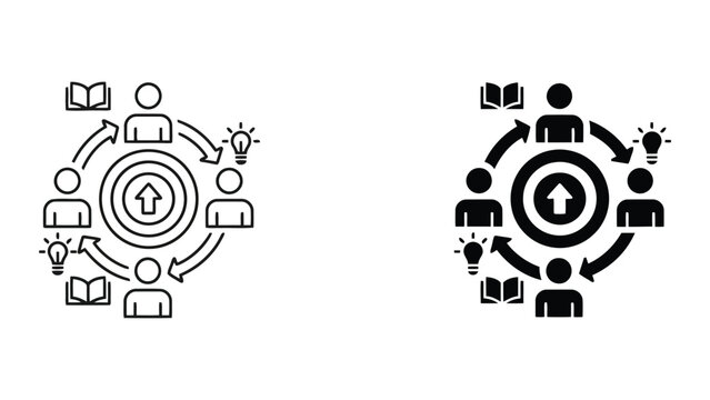 Integrated team learning and development icon set with circular workflow and target in outline and solid black vector style for corporate training programs