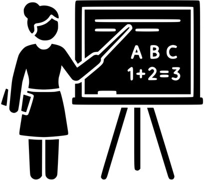 Teacher presenting alphabet and numbers on blackboard