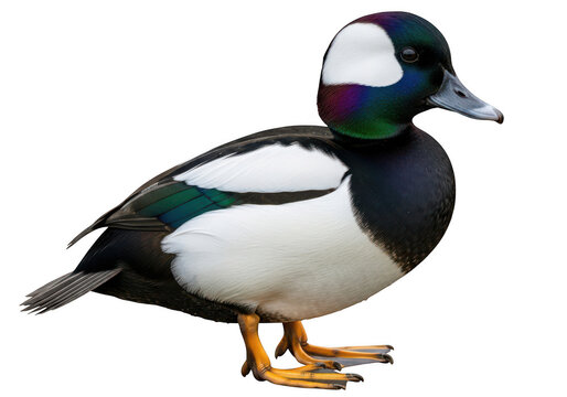 A male bufflehead duck with iridescent purple and green head feathers, white patches, and bright orange... isolated on a transparent background