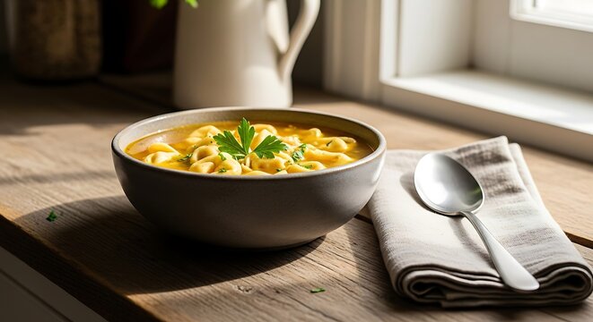 A warm bowl of chicken tortellini soup served in a rustic gray bowl on a wooden table with a silver spoon and napkin in a cozy home kitchen setting