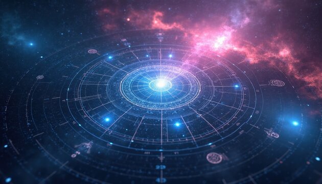 Abstract digital illustration of a cosmic astrology wheel with glowing stars and nebula. Shows celestial navigation and zodiac signs in deep space. Future prediction concept.