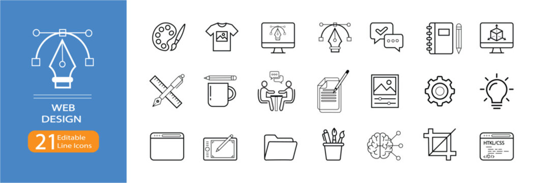 Web design line icon set - UI UX design, graphic design and web development vector icons