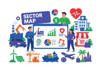 Naklejka premium Industry Mega Collection banner, lively business sectors scene with 3 expressive stylized human characters interacting with oversized technology-finance board and giant industry dashboard, healthcare