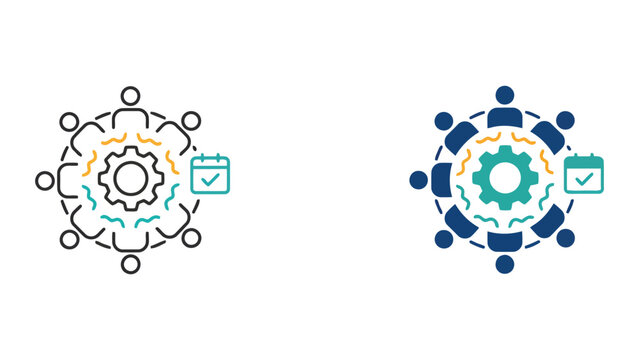 Collaborative team management and scheduling icons with gear and calendar symbols in flat vector design