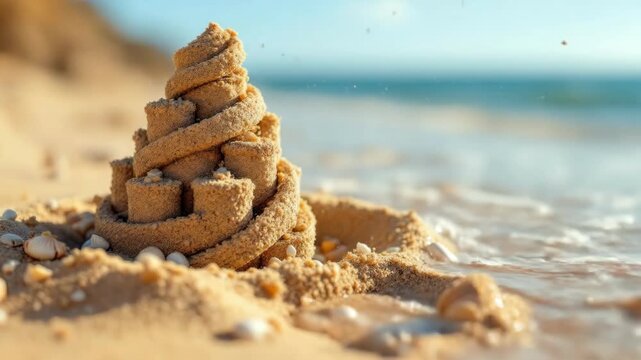 Intricate sandcastle and seashells on sunny beach shoreline