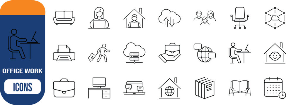 Office and remote work line icons. briefcase icon set, laptop icon set, printer icon set