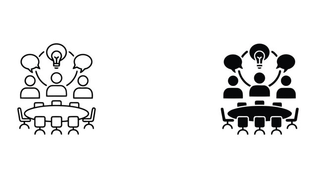 Collaborative brainstorming and innovation workshop icon set with team members around a table and central lightbulb idea symbols for corporate creative development and strategic project management
