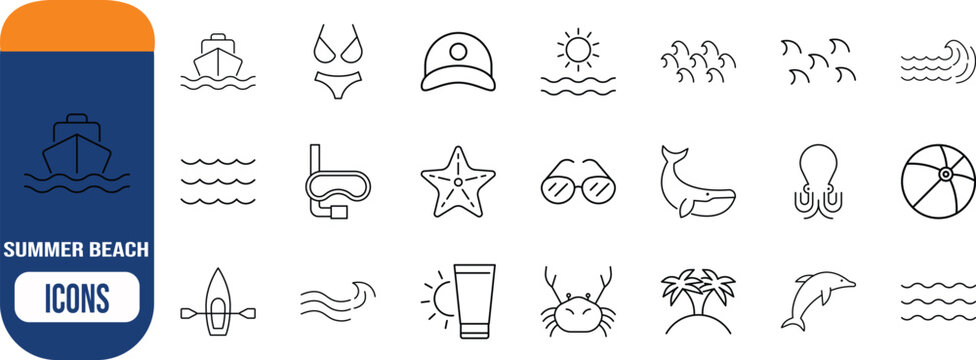 Summer vacation travel vector icons. bikini icon set, dolphin icon set, beachball icon set