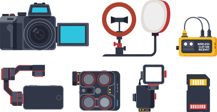 Photography and Video Production Equipment Vector Icon Set Featuring Mirrorless Camera Ring Light Audio Transmitter Smartphone Gimbal Stabilizer and Memory SD Card