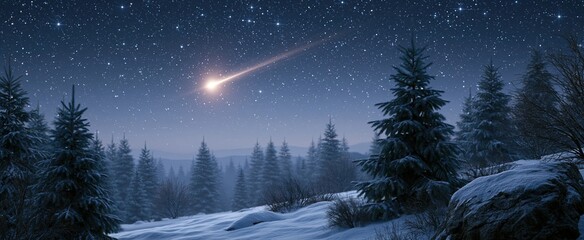 Fototapeta premium A warm holiday scene featuring snowy woods, sparkling stars, and a bright meteor streaking across the sky.