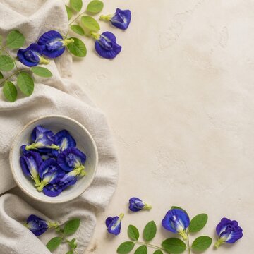 Butterfly pea flower wellness social media background with neutral clay copy space