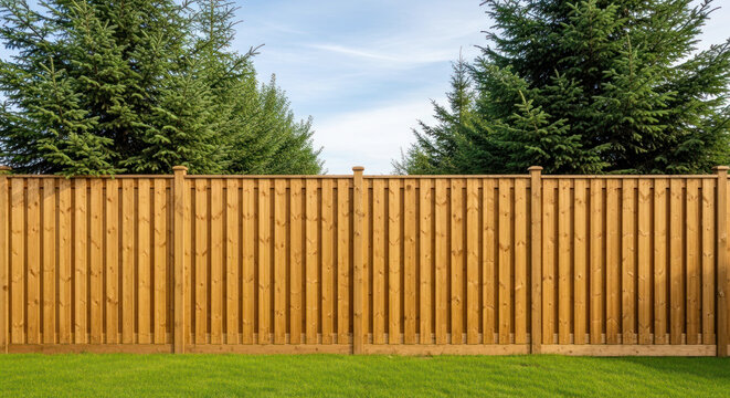 Wooden fence with vertical slats and green grass in front, surrounded by tall evergreen trees under a clear blue sky