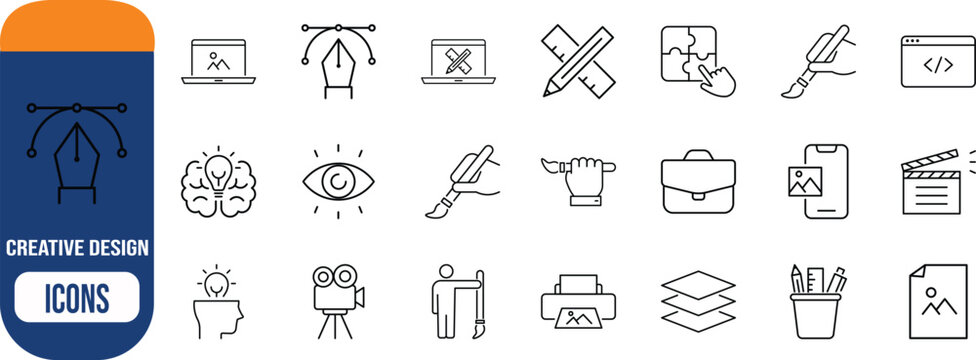 Creative design and development process icons. pen tool icon set, lightbulb icon set, laptop icon set