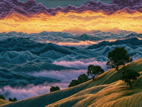 Abstract Landscape with Rolling Hills, Clouds, and Textured Sky at Sunset