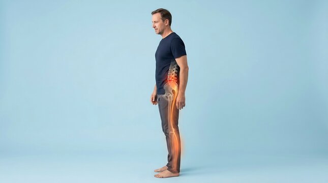 Adult man standing in profile with digital overlay showing lumbar spine pain and sciatica inflammation