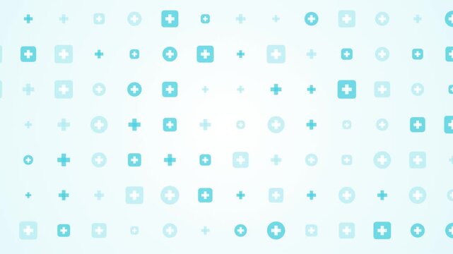 Minimalist blue medical background animation featuring a neat geometric grid of pulsing cross icons and plus signs on a bright clean backdrop, ideal for healthcare presentation