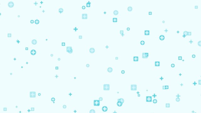 Minimalist soft cyan medical background animation featuring floating turquoise cross icons and translucent plus symbols, perfect for healthcare, science, and pharmacy presentations