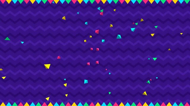 Colorful party confetti animation featuring colorful geometric triangles falling over a dark purple chevron zigzag background with vibrant festive borders, ideal for celebration videos