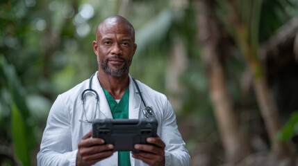 Fototapeta premium A confident physician, adorned in a white coat and stethoscope, stands in a lush natural setting, holding a tablet device, symbolizing the fusion of healthcare and technology in nature.