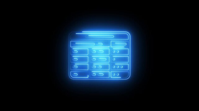 Blue Neon Spreadsheet Icon on Black Background Keywords: spreadsheet, data, finance, business, accounting, analytics, table, grid, chart, graph, information, organization, management, digital