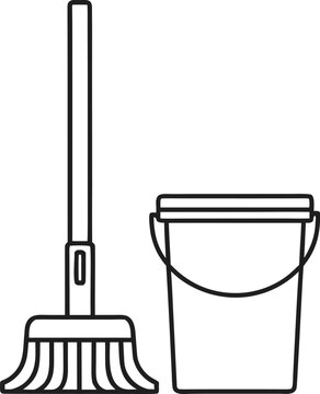 mop with string head and bucket line art vector illustration on transparent background
