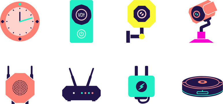 Smart Home Automation and Security Internet of Things Vector Icon Set Featuring Intelligent Clock, Video Intercom, Surveillance Cameras, Wi-Fi Router, Power Plug, and Robot Vacuum