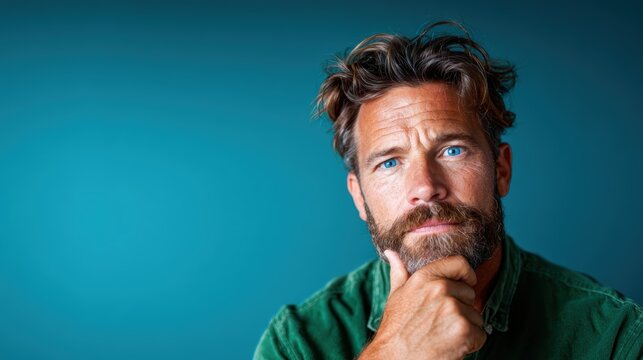 A contemplative portrait of a man resting his chin on his hand, showcasing deep thought against a calming blue background, symbolizing introspection, depth, and human emotion.
