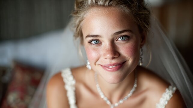 A radiant bride adorned with elegant jewelry and a veil smiles beautifully at the camera, capturing the essence of love and celebration in a dreamy wedding atmosphere.