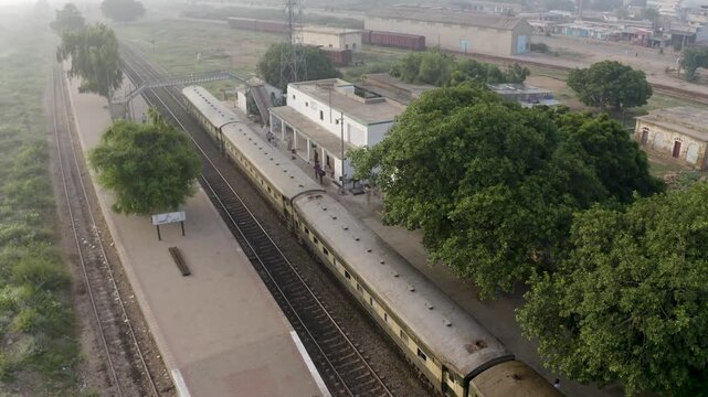 Top View Drone Footage of Train Standing at Karachi Railway Station Pakistan