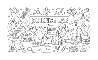 Naklejka premium Science Research Collection. Clean one-line drawing banner composition showing oversized science lab table with genetics, chemistry, astronomy, logic, psychology, and medicine symbols spanning every