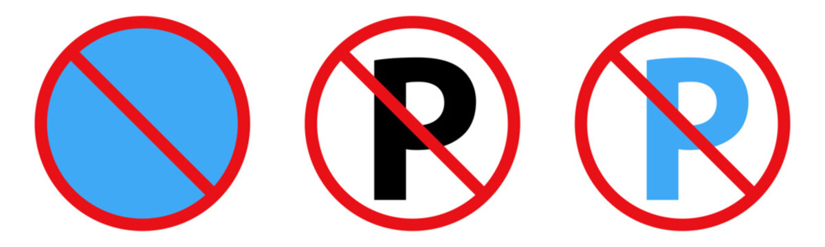 Set of no-parking traffic signs with prohibited parking symbol variations and letter P icons isolated on transparent vector