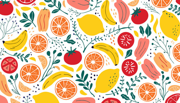 Seamless easter pattern with colorful citrus fruit slices including orange, lemon, lime, and grapefruit vector illustration background