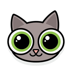 Obraz premium A cute cartoon illustration of a gray cat with very large green eyes