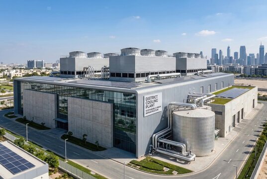 High angle view of a modern industrial district cooling plant infrastructure