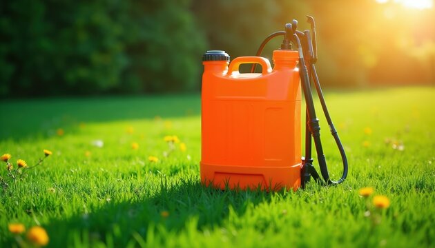 Orange backpack sprayer rests on green lawn with dandelions. Sunlight illuminates grass. Garden tool for lawn care and weed control in residential areas or parks.